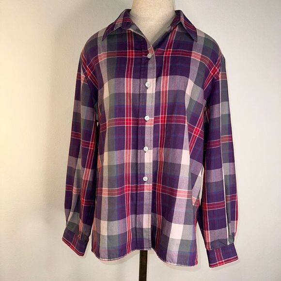 Vintage 90’s Allison Daley Womens Purple Pink Plaid Top Button Front Longsleeves - Picture 1 of 9